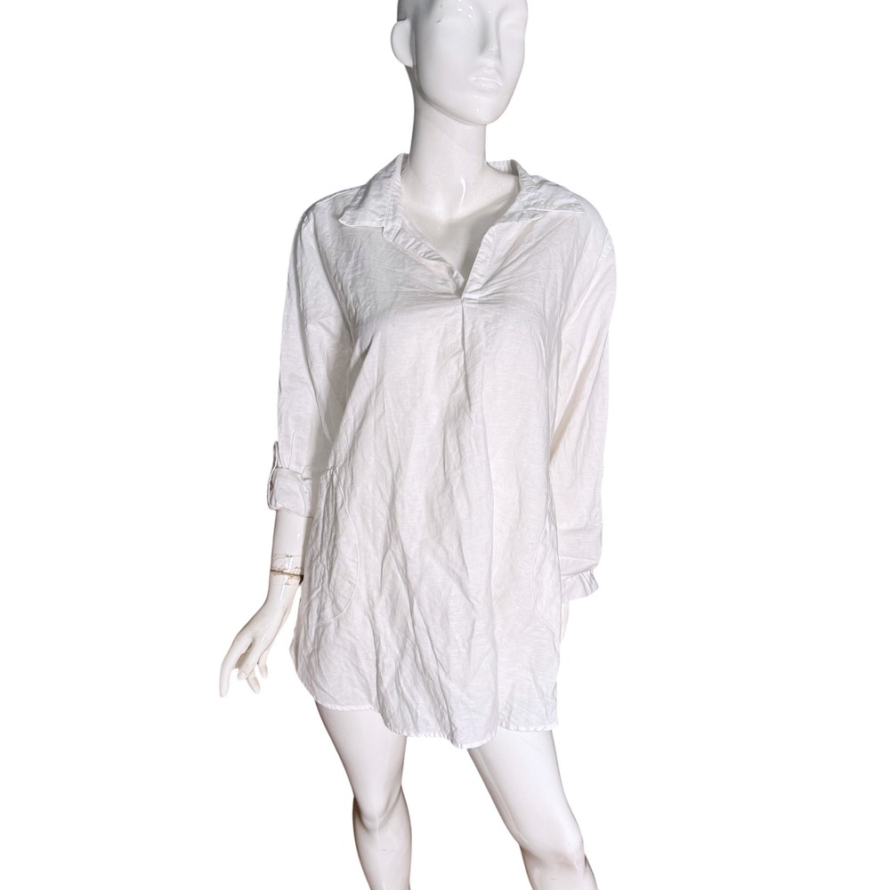 Jones & Co Jones New York White Linen Blend Roll Tab Tunic Top Plus Size 3X
